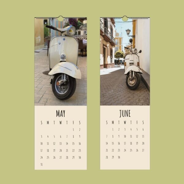 Vintage scooter calendar for May and June.