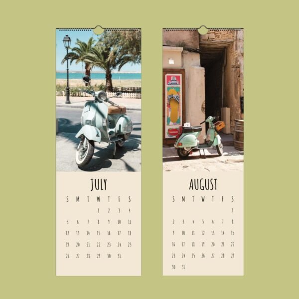 Vintage scooter calendar for July and August