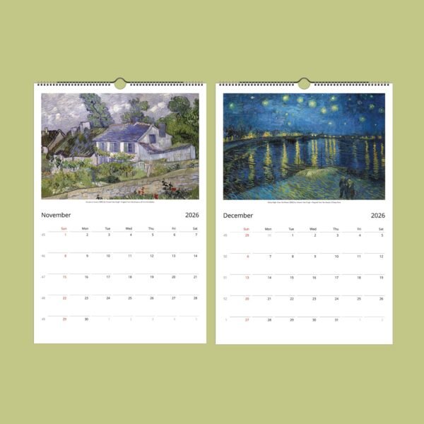 November and December 2026 calendar with paintings