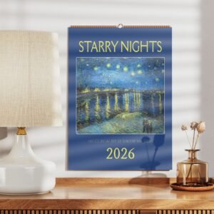 Starry Nights 2026 calendar on wooden shelf.