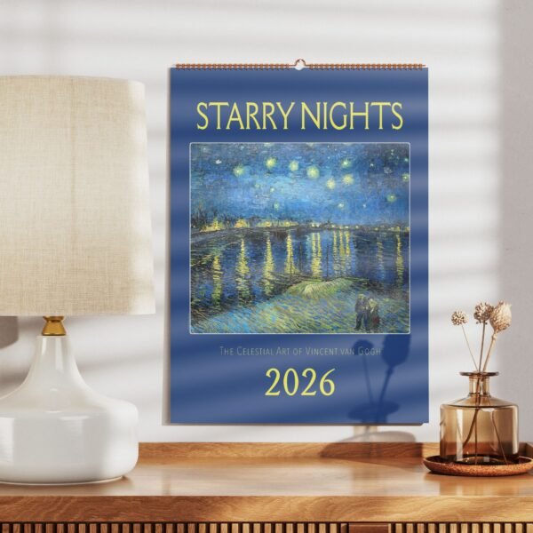 Starry Nights 2026 calendar on wooden shelf.