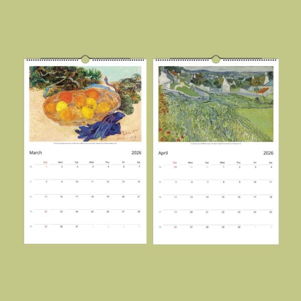 2026 calendar: March lemons, April landscape paintings.