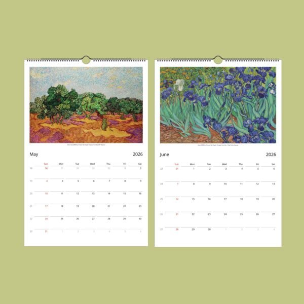 2026 calendar with Van Gogh paintings for May, June.
