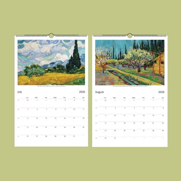 2026 calendar July and August with Van Gogh art.
