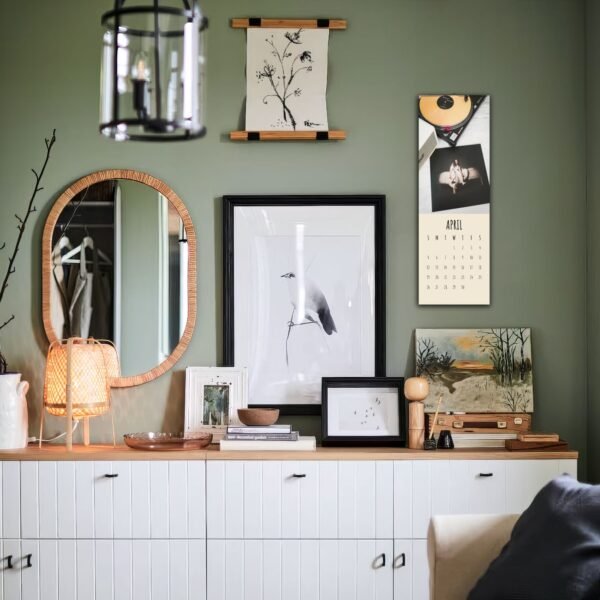 Stylish interior with art and decor on walls.
