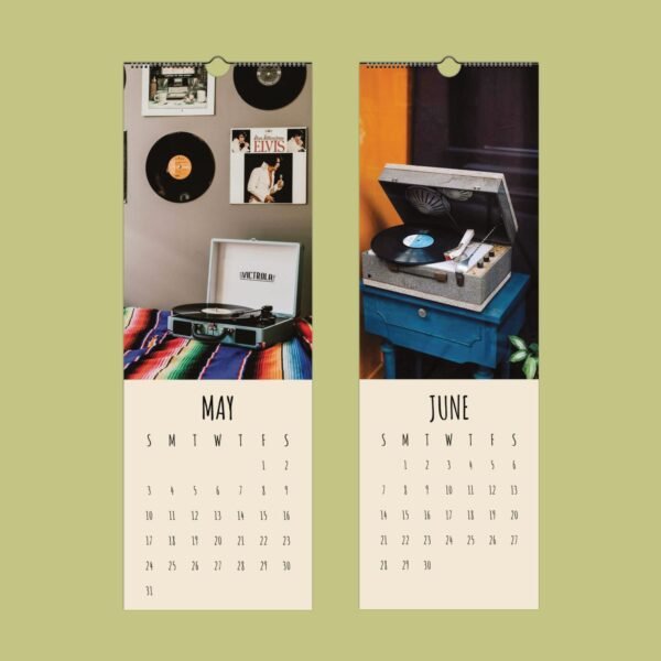 Vintage record players on May and June calendars.
