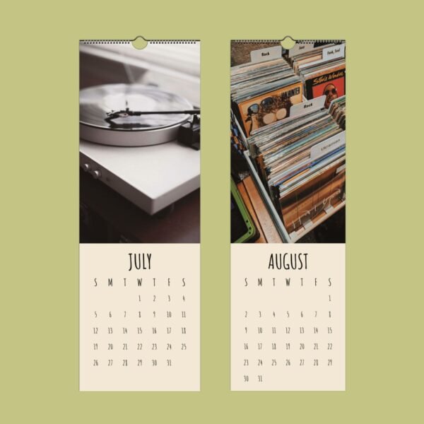 July August calendar with vinyl records theme.