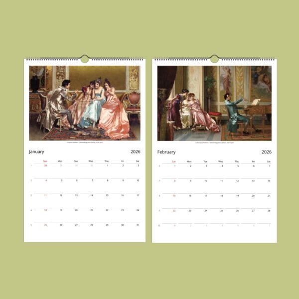 2026 calendar with classical art for January, February.