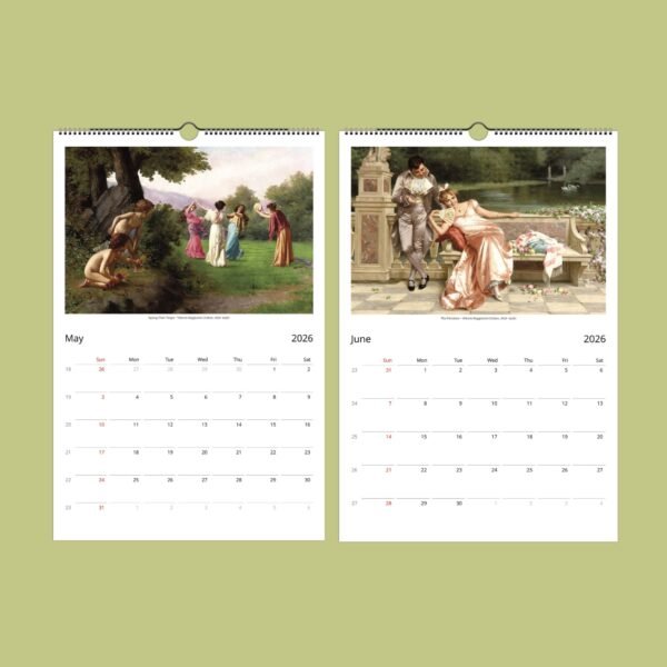 Vintage calendar with paintings for May and June.