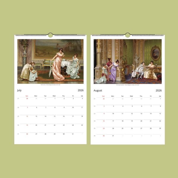2026 calendar with classical paintings for July and August.