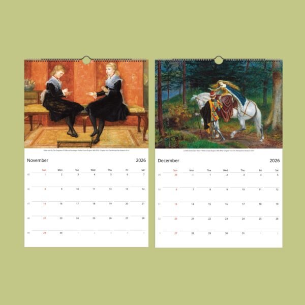 2026 calendar with vintage paintings for November, December.