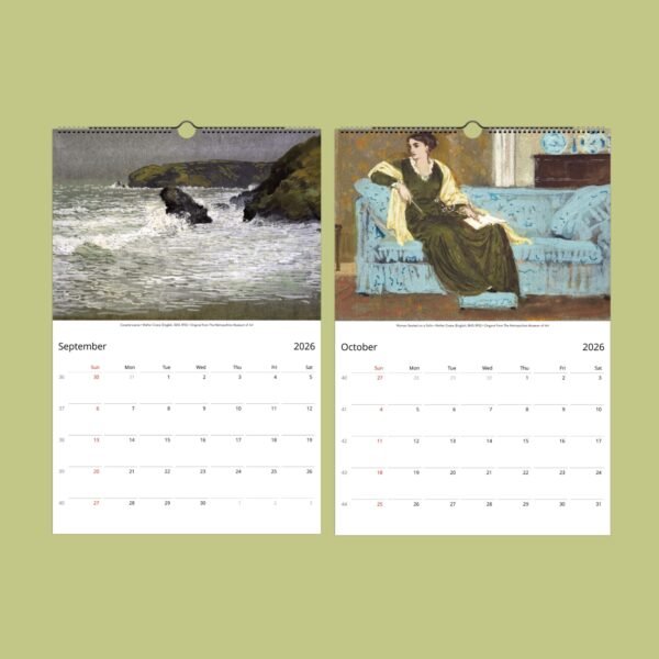 2026 calendar showing September, October with paintings.