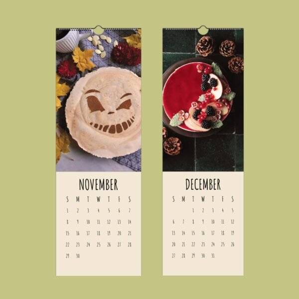 November and December 2023 calendar pages with desserts.