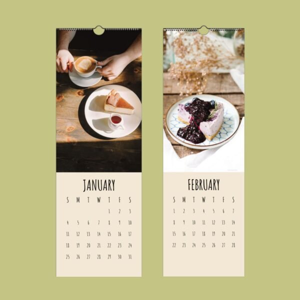 Calendar with desserts for January and February.