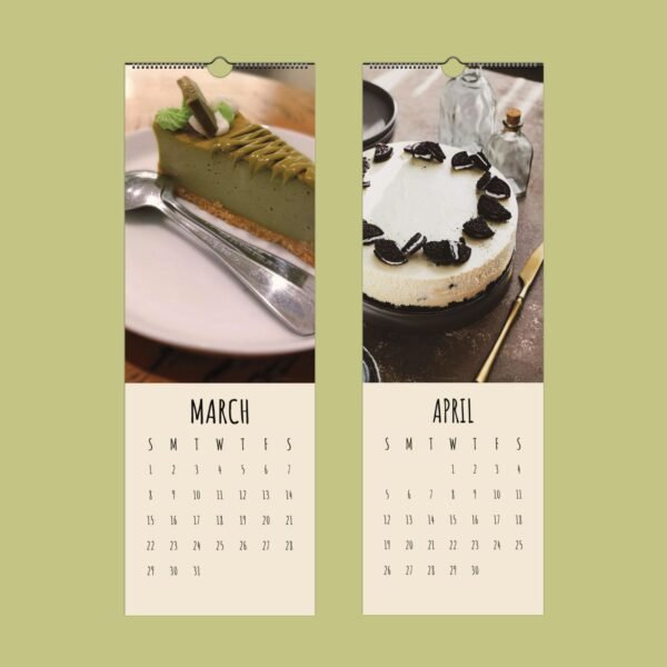 March and April calendar pages with desserts.