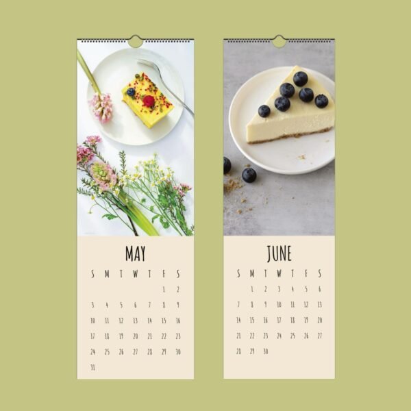 Calendar pages for May and June with desserts