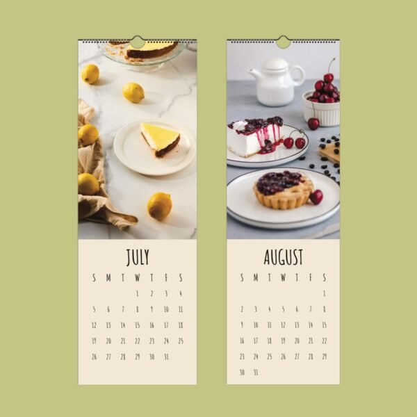 Calendar pages with desserts for July and August.