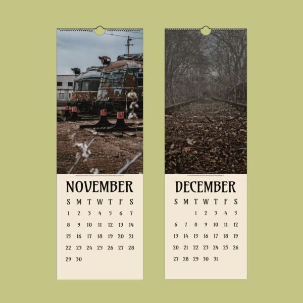 November and December calendar pages with rustic images.
