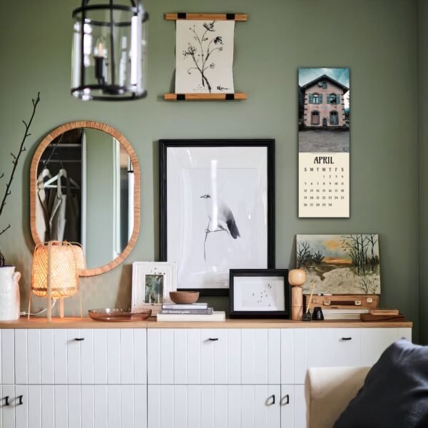 Stylish living room with art and mirror display.