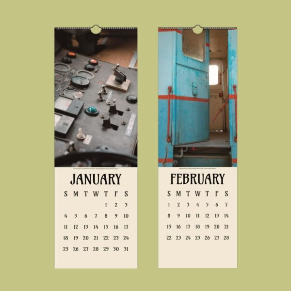 Train-themed January and February calendar pages
