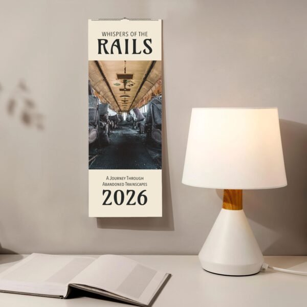 2026 calendar with abandoned trainscape image.