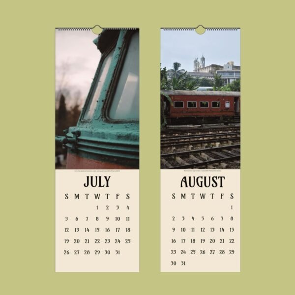 July and August calendar with vintage trains.