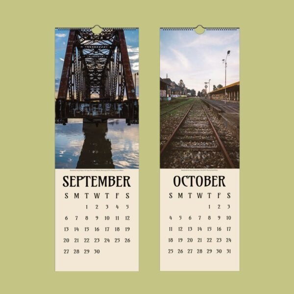 Calendar with photos of bridges, tracks for September, October.