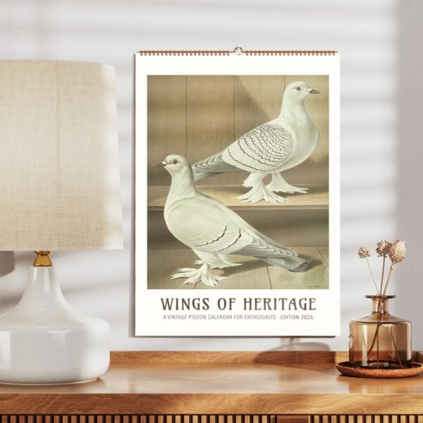 Vintage pigeon calendar with lamp and vase display.