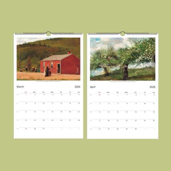 2026 calendar showing March and April pages with art.