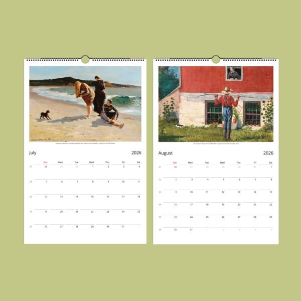 2026 calendar: July beach, August red house