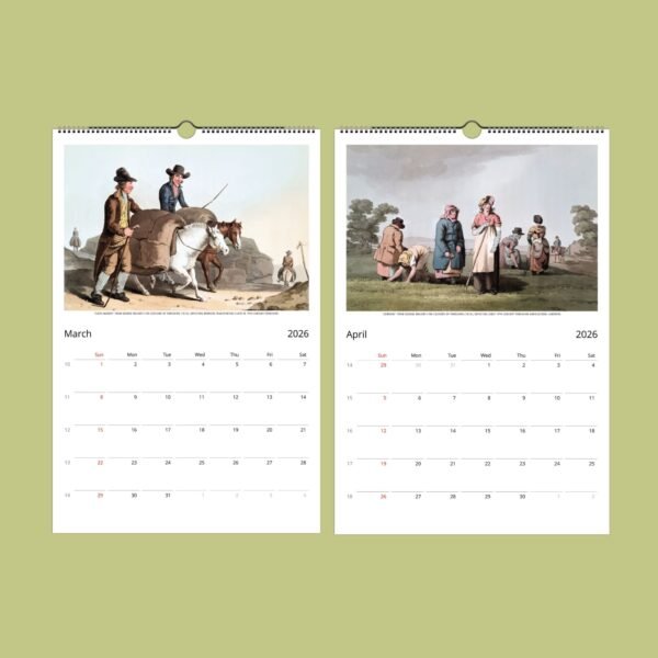 2026 calendar with historical illustrations March April