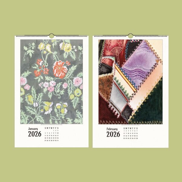 Floral and patchwork designs on 2026 calendar pages.
