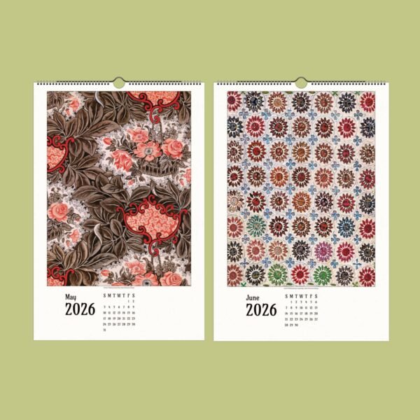 Colorful floral patterns on 2026 calendar pages.
