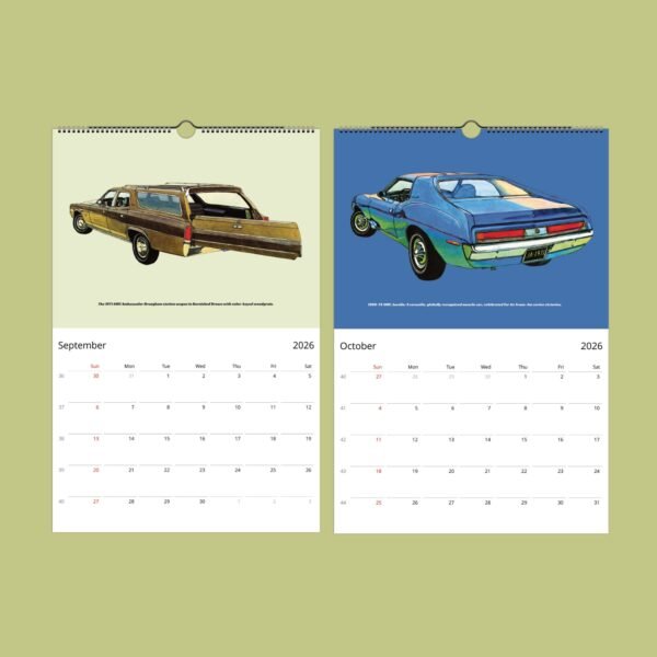Vintage car calendar for September and October 2026.