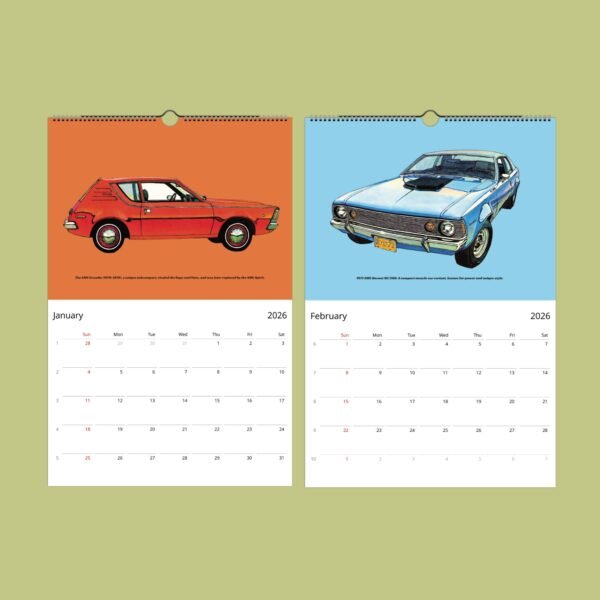 2026 calendar featuring classic American muscle cars.