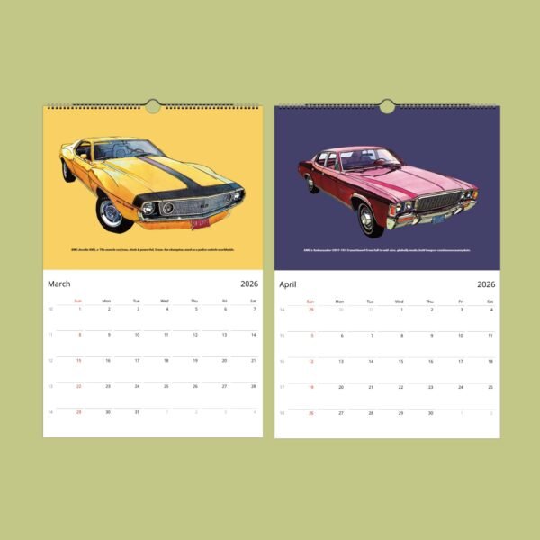 Classic car calendar pages, March and April 2026.