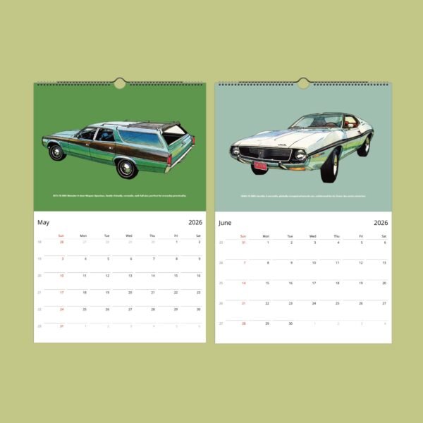 Vintage car illustrations on 2026 calendar pages.