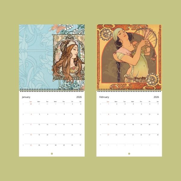 2026 art calendar featuring January and February pages.