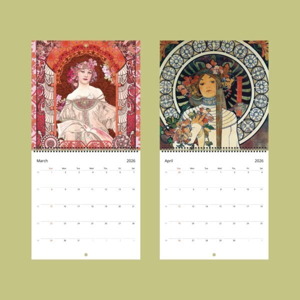 Art nouveau calendar for March and April 2026