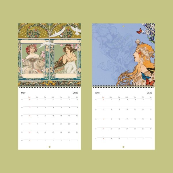 2026 calendar, May and June pages with art nouveau.