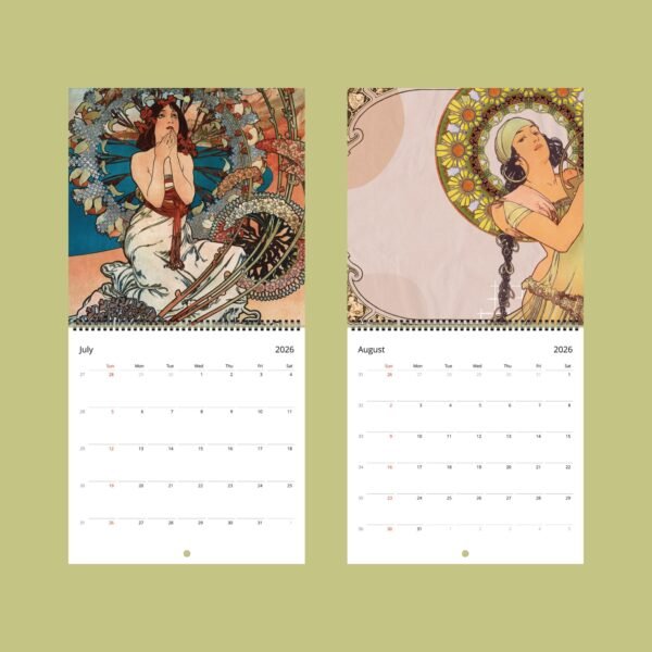 2026 calendar with vintage art for July and August.