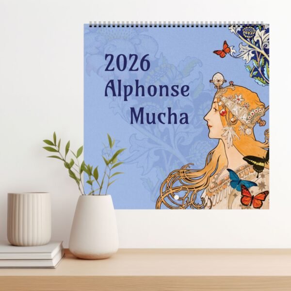 2026 Alphonse Mucha calendar with art and butterflies.