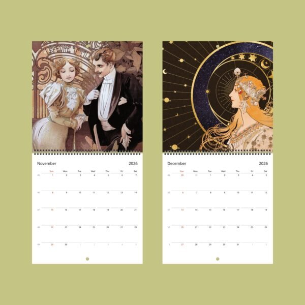 Art Nouveau calendar, November and December 2026 pages.