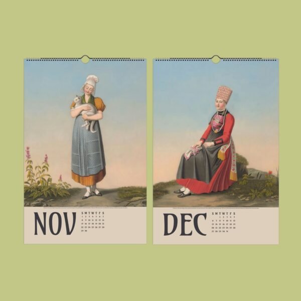 Vintage November and December calendar illustrations.