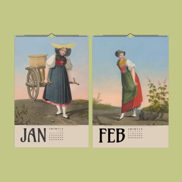 Vintage January-February calendar, women in traditional attire.