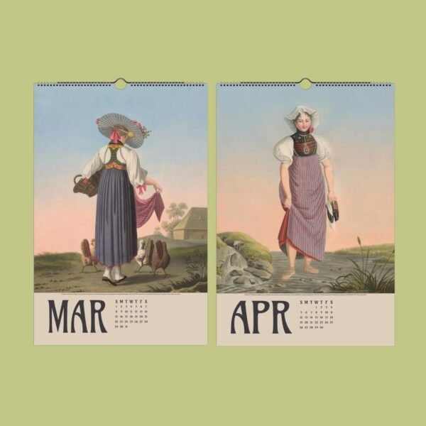 Vintage calendar pages for March and April.