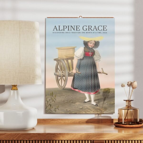Alpine Grace calendar depicting Swiss tradition illustration, 2026.