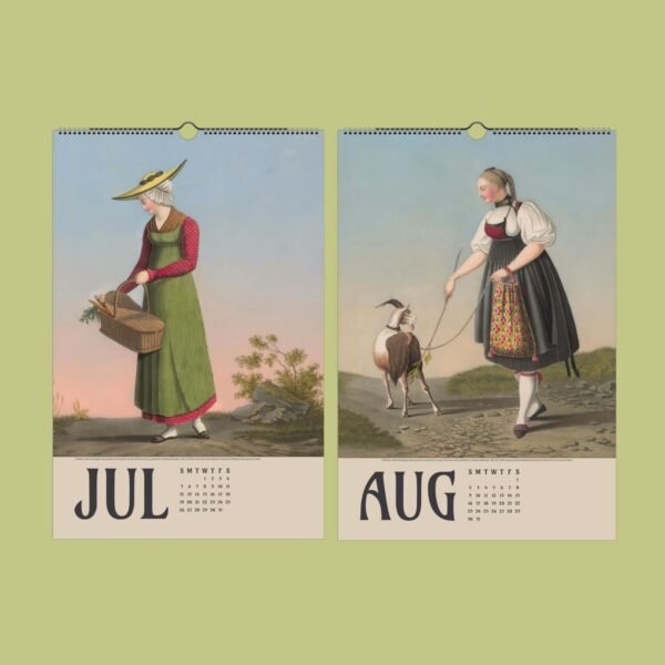 Vintage calendar art for July and August.