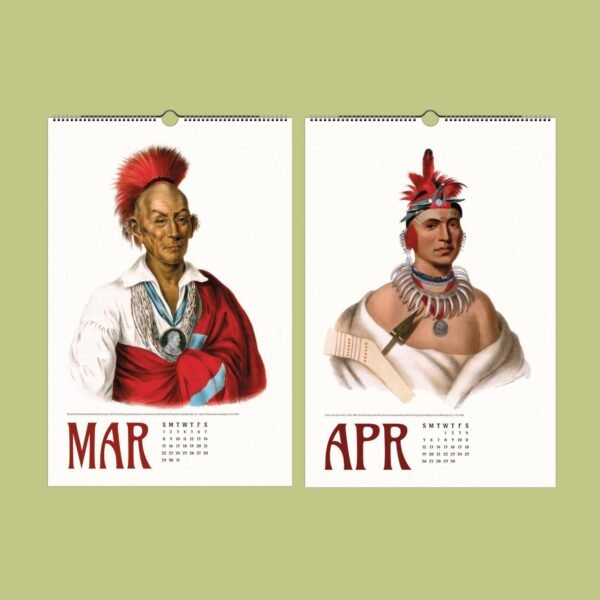 Calendar pages for March and April with portraits.