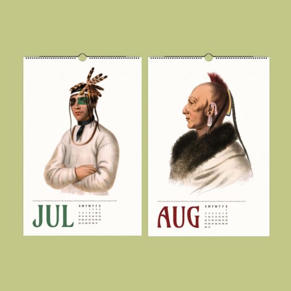 Vintage July-August calendar with Native American portraits.
